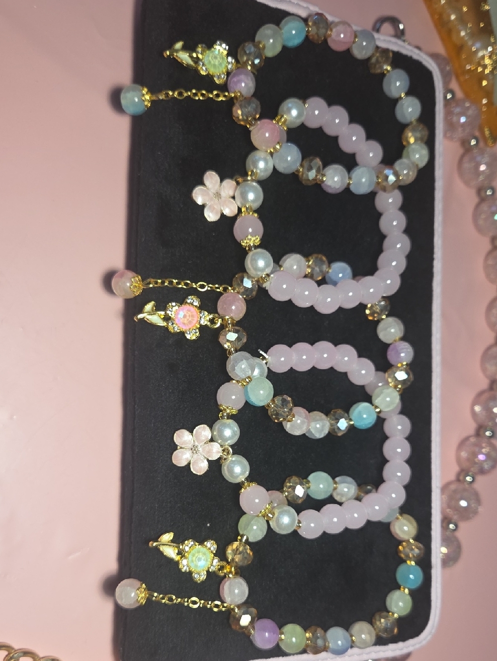 5 - Pastel Multi-Bead Flower Charm Bracelets with Gold Accents